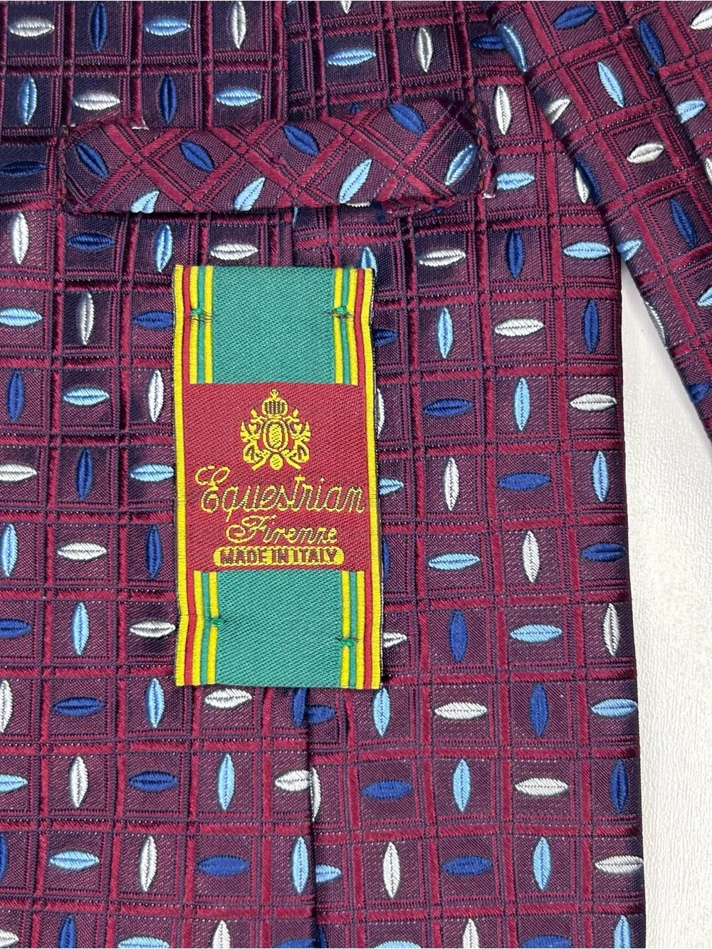 Equestrian Firenze 100% Silk Tie Made in Italy Burgundy Blue Geometric